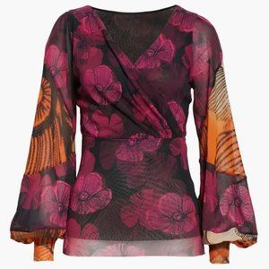 Fuzzi Mix Floral Surplice Mesh Knit Top XS NWT